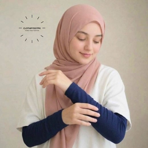 Woman wearing navy blue arm sleeves extenders for extra coverage. BY CLOTHIFYDOTPK