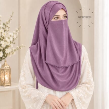 Woman wearing soft crinkle silk hijab with crystal embellished niqab set with beautiful drape and full coverage. BY CLOTHIFYDOTPK