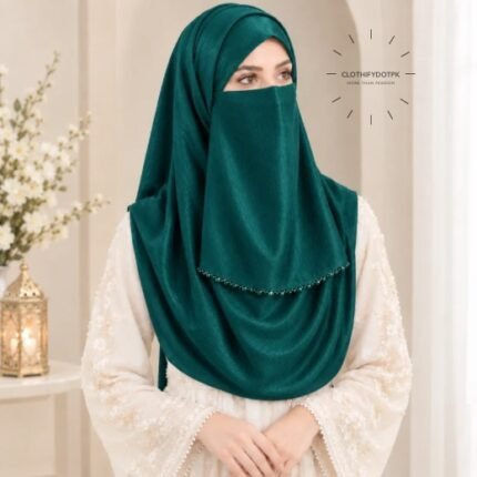 Woman wearing soft crinkle silk hijab with crystal embellished niqab set with beautiful drape and full coverage. BY CLOTHIFYDOTPK