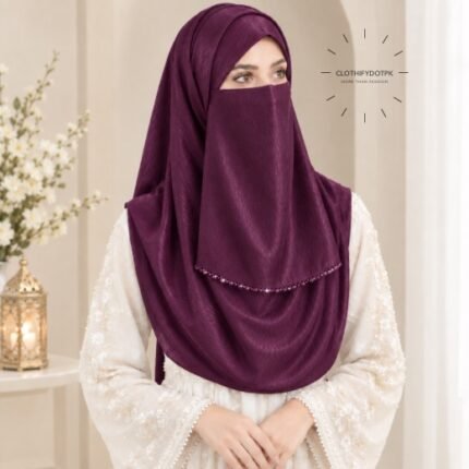 Woman wearing soft crinkle silk hijab with crystal embellished niqab set with beautiful drape and full coverage. BY CLOTHIFYDOTPK