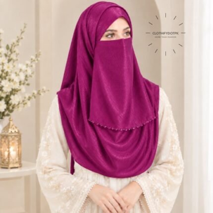 Woman wearing soft crinkle silk hijab with crystal embellished niqab set with beautiful drape and full coverage. BY CLOTHIFYDOTPK