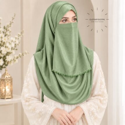 Woman wearing soft crinkle silk hijab with crystal embellished niqab set with beautiful drape and full coverage. BY CLOTHIFYDOTPK