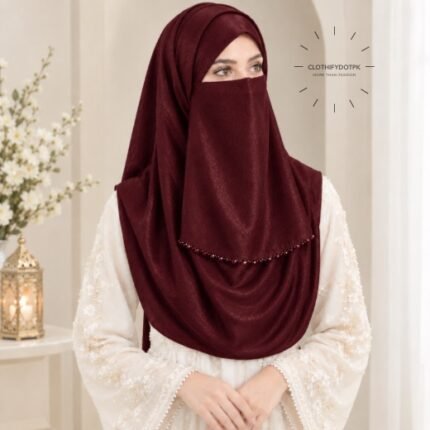 Woman wearing burgundy color soft crinkle silk hijab with crystal embellished niqab set with beautiful drape and full coverage. BY CLOTHIFYDOTPK