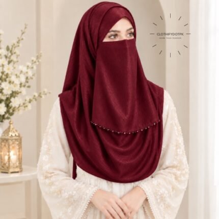 Woman wearing maroon color soft crinkle silk hijab with crystal embellished niqab set with beautiful drape and full coverage. BY CLOTHIFYDOTPK