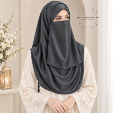 Woman wearing dark gray color soft crinkle silk hijab with crystal embellished niqab set with beautiful drape and full coverage. BY CLOTHIFYDOTPK
