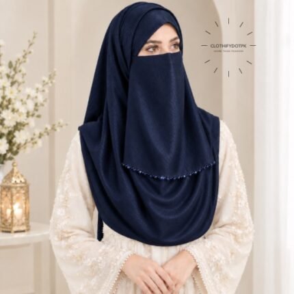 Woman wearing soft crinkle silk hijab with crystal embellished niqab set with beautiful drape and full coverage. BY CLOTHIFYDOTPK