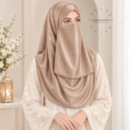 Woman wearing desert gold color soft crinkle silk hijab with crystal embellished niqab set with beautiful drape and full coverage. BY CLOTHIFYDOTPK