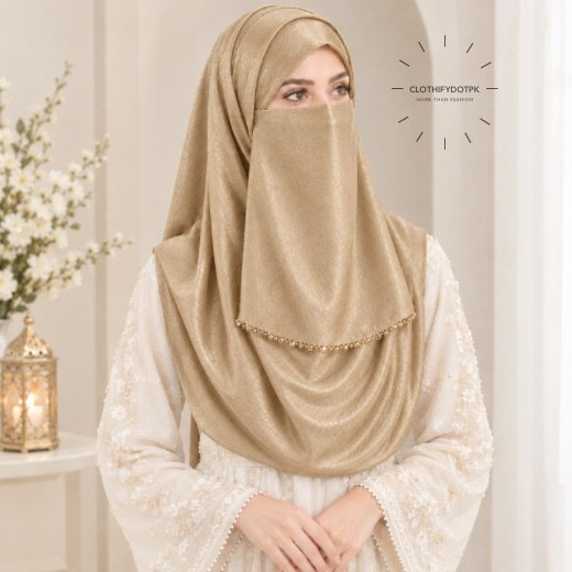 Crinkle Hijab Niqab Set871 - 24 Woman wearing gold color soft crinkle silk hijab with crystal embellished niqab set with beautiful drape and full coverage. BY CLOTHIFYDOTPK