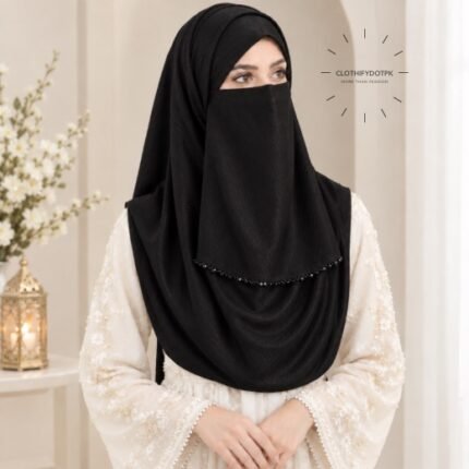 Woman wearing black color soft crinkle silk hijab with crystal embellished niqab set with beautiful drape and full coverage. BY CLOTHIFYDOTPK