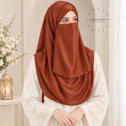 Woman wearing soft crinkle silk hijab with crystal embellished niqab set with beautiful drape and full coverage. BY CLOTHIFYDOTPK