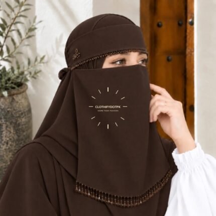 Woman wearing Fancy Saudi niqab hijab set with elegant crystal accents. BY CLOTHIFYDOTPK