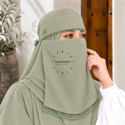 Woman wearing Fancy Saudi niqab hijab set with elegant crystal accents. BY CLOTHIFYDOTPK