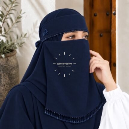 Woman wearing Fancy Saudi niqab hijab set with elegant crystal accents. BY CLOTHIFYDOTPK