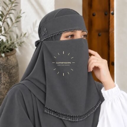Woman wearing Fancy Saudi niqab hijab set with elegant crystal accents. BY CLOTHIFYDOTPK