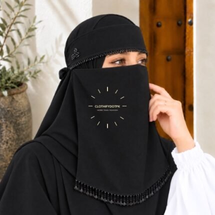Woman wearing Fancy Saudi niqab hijab set with elegant crystal accents. BY CLOTHIFYDOTPK