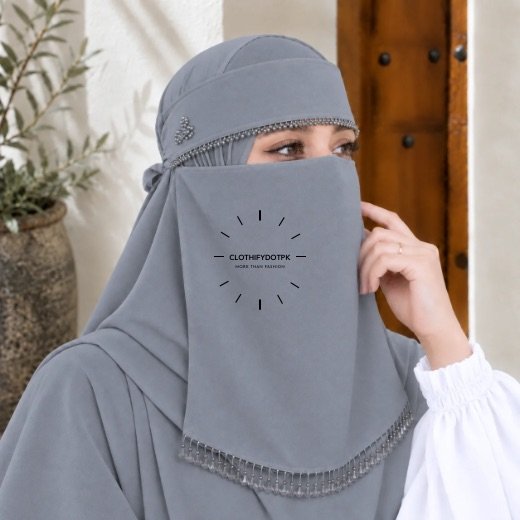 Fancy Saudi Hijab Niqab Set-0192 - 22 Woman wearing Fancy Saudi niqab hijab set with elegant crystal accents. BY CLOTHIFYDOTPK