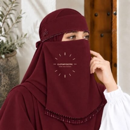 Woman wearing Fancy Saudi niqab hijab set with elegant crystal accents. BY CLOTHIFYDOTPK