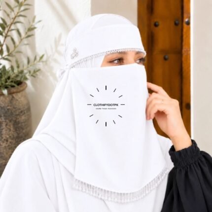 Woman wearing Fancy Saudi niqab hijab set with elegant crystal accents. BY CLOTHIFYDOTPK