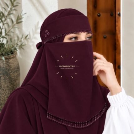 Woman wearing Fancy Saudi niqab hijab set with elegant crystal accents. BY CLOTHIFYDOTPK