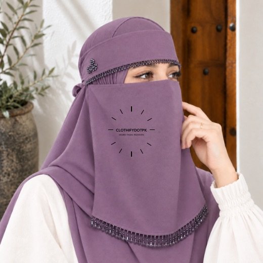 Fancy Saudi Hijab Niqab Set-0192 - 26 Woman wearing Fancy Saudi niqab hijab set with elegant crystal accents. BY CLOTHIFYDOTPK