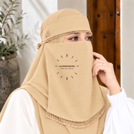 Woman wearing Fancy Saudi niqab hijab set with elegant crystal accents. BY CLOTHIFYDOTPK