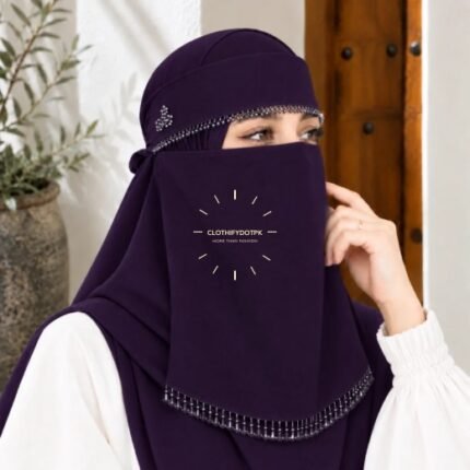 Woman wearing Fancy Saudi niqab hijab set with elegant crystal accents. BY CLOTHIFYDOTPK
