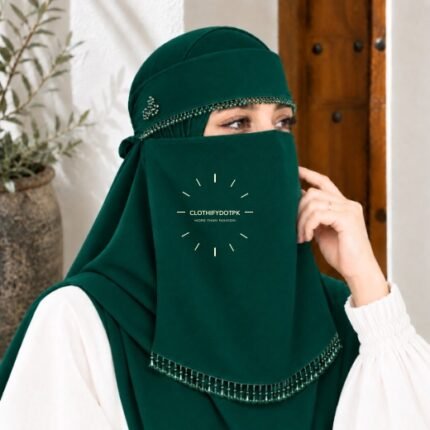 Woman wearing Fancy Saudi niqab hijab set with elegant crystal accents. BY CLOTHIFYDOTPK
