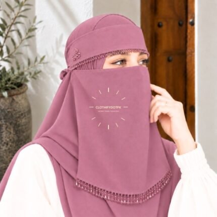 Woman wearing Fancy Saudi niqab hijab set with elegant crystal accents. BY CLOTHIFYDOTPK