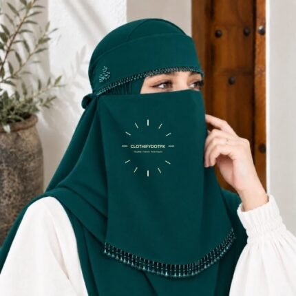 Woman wearing Fancy Saudi niqab hijab set with elegant crystal accents. BY CLOTHIFYDOTPK