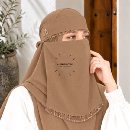 Woman wearing Fancy Saudi niqab hijab set with elegant crystal accents. BY CLOTHIFYDOTPK