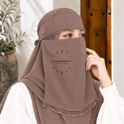 Woman wearing Fancy Saudi niqab hijab set with elegant crystal accents. BY CLOTHIFYDOTPK