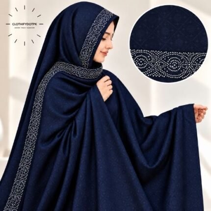 Woman Wearing Unstitched dmc Stone Work Namaz Chadar also known as Irani Chadar for Modest Prayer Wear. BY CLOTHIFYDOTPK