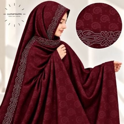 Woman Wearing Unstitched dmc Stone Work Namaz Chadar also known as Irani Chadar for Modest Prayer Wear. BY CLOTHIFYDOTPK