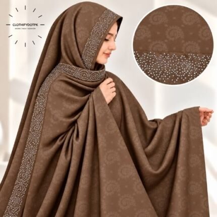 Woman Wearing Unstitched dmc Stone Work Namaz Chadar also known as Irani Chadar for Modest Prayer Wear. BY CLOTHIFYDOTPK