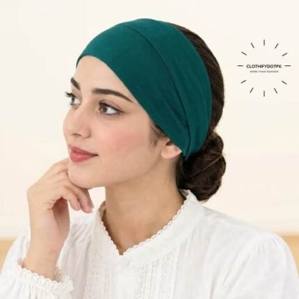 Women wearing Hijab Band also known as Hijab Tube Cap made of stretchy jersey fabric, seamless and unlabeled, open end visible. BY CLOTHIFYDOTPK