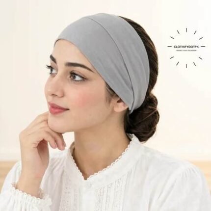 Women wearing Hijab Band also known as Hijab Tube Cap made of stretchy jersey fabric, seamless and unlabeled, open end visible. BY CLOTHIFYDOTPK