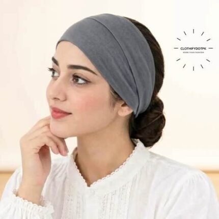 Women wearing Hijab Band also known as Hijab Tube Cap made of stretchy jersey fabric, seamless and unlabeled, open end visible. BY CLOTHIFYDOTPK