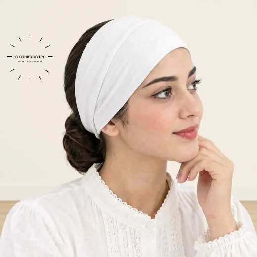 Hijab Band - Half Tube Band - 21 Women wearing Hijab Band also known as Hijab Tube Cap made of stretchy jersey fabric, seamless and unlabeled, open end visible. BY CLOTHIFYDOTPK