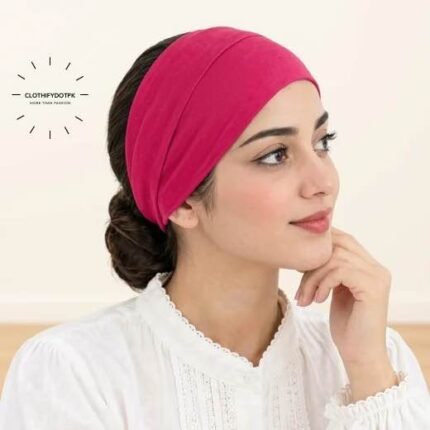 Women wearing Hijab Band also known as Hijab Tube Cap made of stretchy jersey fabric, seamless and unlabeled, open end visible. BY CLOTHIFYDOTPK