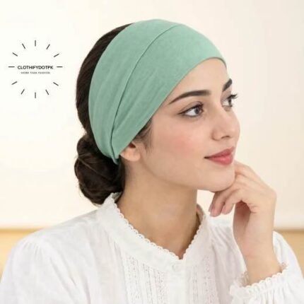 Women wearing Hijab Band also known as Hijab Tube Cap made of stretchy jersey fabric, seamless and unlabeled, open end visible. BY CLOTHIFYDOTPK