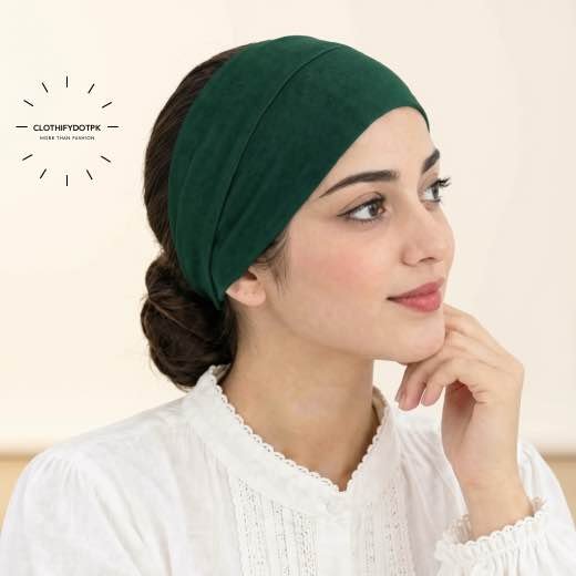 Hijab Band - Half Tube Band - 7 Women wearing Hijab Band also known as Hijab Tube Cap made of stretchy jersey fabric, seamless and unlabeled, open end visible. BY CLOTHIFYDOTPK