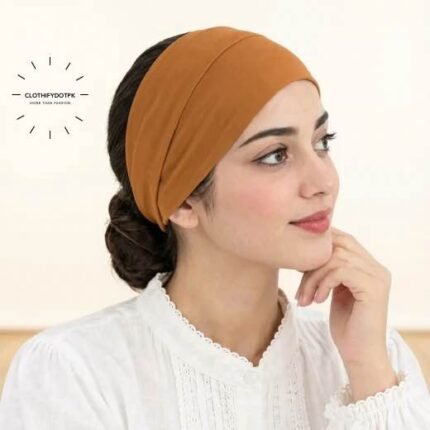 Women wearing Hijab Band also known as Hijab Tube Cap made of stretchy jersey fabric, seamless and unlabeled, open end visible. BY CLOTHIFYDOTPK