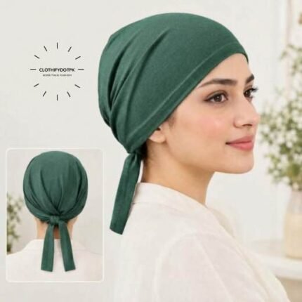 Close-up of woman wearing breathable cotton jersey tie back hijab cap also known as tie-back hijab undercap or underscarf. BY CLOTHIFYDOTPK