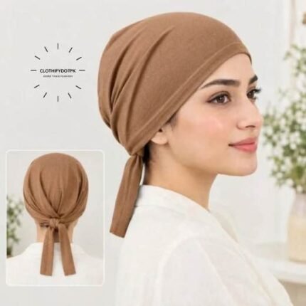 Close-up of woman wearing breathable cotton jersey tie back hijab cap also known as tie-back hijab undercap or underscarf. BY CLOTHIFYDOTPK