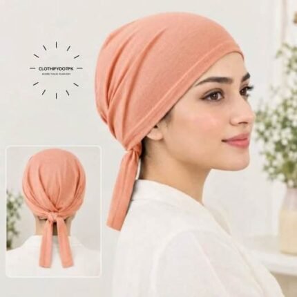 Close-up of woman wearing breathable cotton jersey tie back hijab cap also known as tie-back hijab undercap or underscarf. BY CLOTHIFYDOTPK