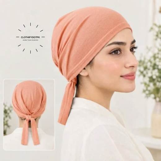Hijab cap-Tie back-8373 - 12 Close-up of woman wearing breathable cotton jersey tie back hijab cap also known as tie-back hijab undercap or underscarf. BY CLOTHIFYDOTPK