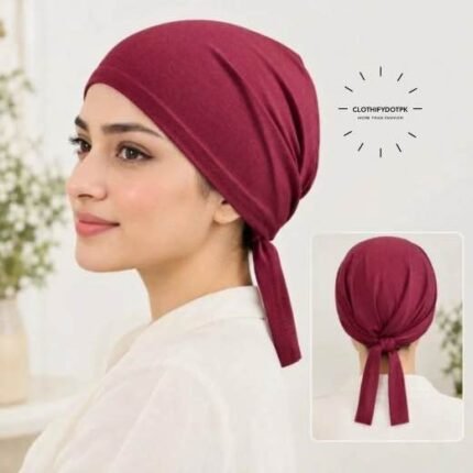 Close-up of woman wearing breathable cotton jersey tie back hijab cap also known as tie-back hijab undercap or underscarf. BY CLOTHIFYDOTPK