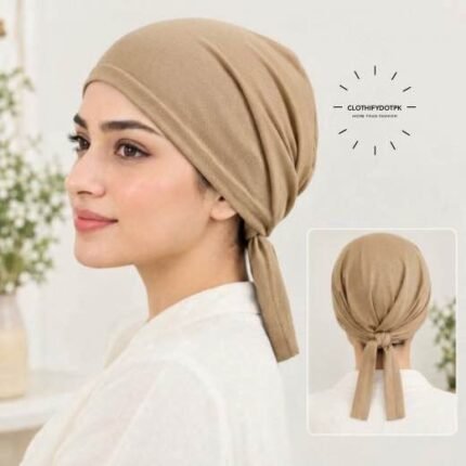 Close-up of woman wearing breathable cotton jersey tie back hijab cap also known as tie-back hijab undercap or underscarf. BY CLOTHIFYDOTPK