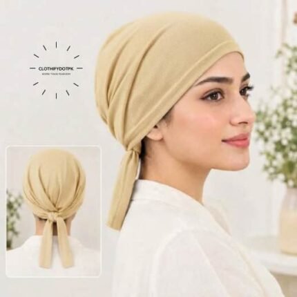 Close-up of woman wearing breathable cotton jersey tie back hijab cap also known as tie-back hijab undercap or underscarf. BY CLOTHIFYDOTPK