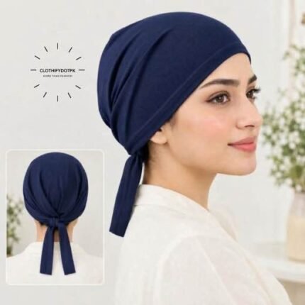 Close-up of woman wearing breathable cotton jersey tie back hijab cap also known as tie-back hijab undercap or underscarf. BY CLOTHIFYDOTPK